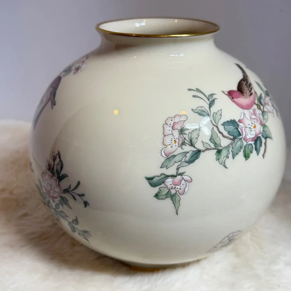 Lenox Serenade Globe Vase 24K Gold Trim Pink Flowers Bird ~ Vintage Hand Painted